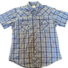 Wrangler Wrancher Shirt Mens Blue Plaid Pearl Snap Western Short Sleeve XL