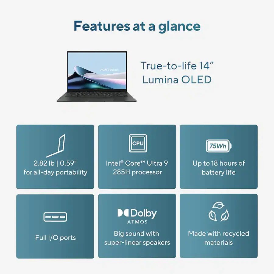 ASUS ZenBook 14, 14-Inch Laptop, with Intel Core Ultra 9 Series 2, 1 TB SSD (Solid State Drive), Windows 11 Home
