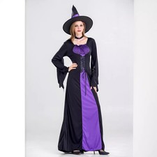 New Halloween Style Women Cosplay Costume Purple Witch Long Dress Cosplay