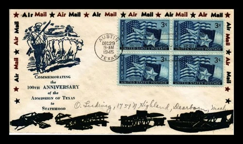 DR JIM STAMPS US COVER TEXAS STATEHOOD FDC SCOTT 938 BLOCK OF 4 THERMOGRAPHED