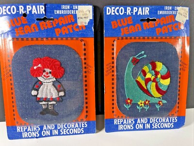 2X RARE 1970's NOS Deco-R-Pair Iron-On Jean Repair Patches RAGGEDY ANN & SNAIL