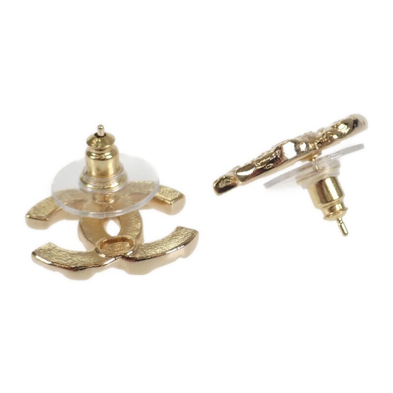 CHANEL GP Coco Mark Crystal Earrings Stud Metal Gold L24S