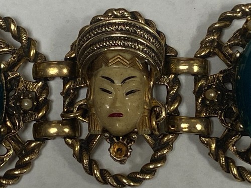 Vintage Selro Selini asiatische Prinzessin Panel Armband mit Jade Cabochons, falsche Perlen - Bild 4 von 12