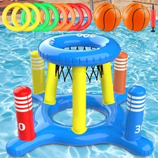 Pool Toys for Kids Adult, 2In1 Inflatable Pool Floats Basketball Hoop & Ring Gam