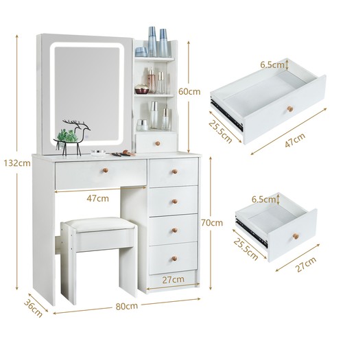 White Dressing Table Stool Set Vanity Desk w/ LED Lights Makeup Sliding Mirror - Picture 2 of 10