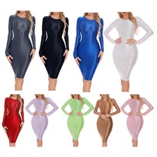 Womens Glossy Oil Bodycon Dress Long Sleeve Shiny Tight Pencil Dresses Clubwear