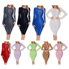 Women Oil-shiny Long Sleeve Pencil Dress Stretchy Tube Dress Bodycon Hip Wrap