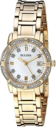 Bulova Women's Diamond Accents Calendar Gold Tone Quartz 26mm Watch 98R135