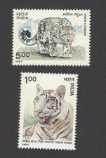 India 1987 Wildlife White Tiger Snow Leopard Animals Wild Cats stamp 2v MlH