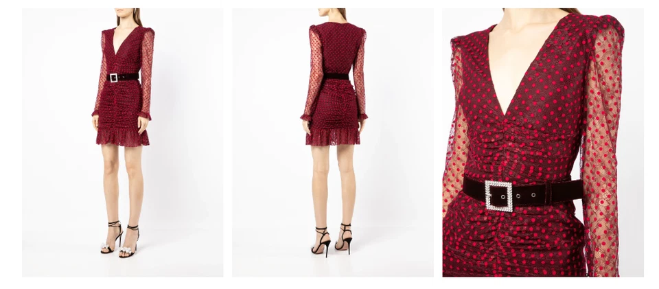 REBECCA VALLANCE Red Lace Polka Dot Sheer Sleeve Dress 2 US = XS (missing belt) - Image 2 of 4