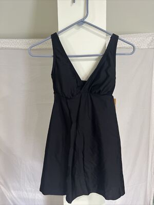 NWT Women's Kona Sol V-Neck Skirted One Piece Swimsuit Black XS 0/2