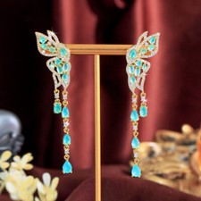Classy Symmetrical Butterfly Wing Long Dangly Fringed Tassel CZ Women Earrings