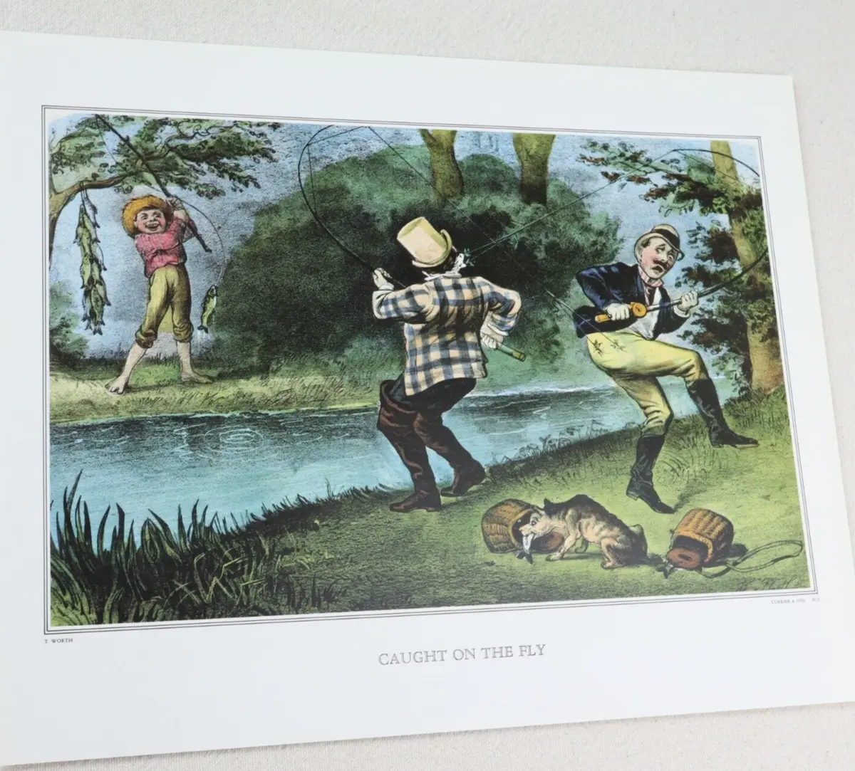 Currier & Ives Vtg Print Caught On The Fly Fishing Outdoor Dog River Funny  Decor
