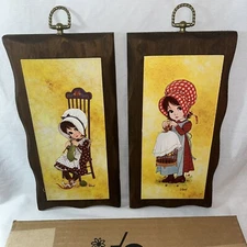 Ward Homco Big Eye Bonnet Girls Cottageore Wall Art Wooden Plaques Set of 2 EUC