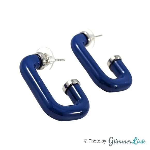 Geometric Blue Rectangular Open Hoop Silver Tone … - image 5