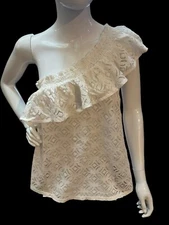 🔥Women’s H&M  Asymmetrical White Sheer Lace Off Shoulder Top Size Large