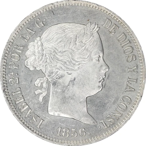 Spain 1856M 20 reales Queen Isabel II NGC MS62+