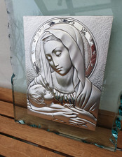 Wandbild Maria mit Jesuskind Silber auf massiver Glasplatte wunderschön