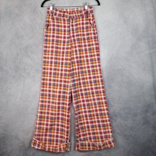 Vintage Plaid Pants Womens Medium Red Yellow Blue High Rise Wide Leg Cuffed 70s