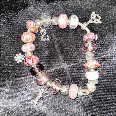 Pink Silver Glass Beaded Dangle Charm Bracelet Snake Chain Adjustable