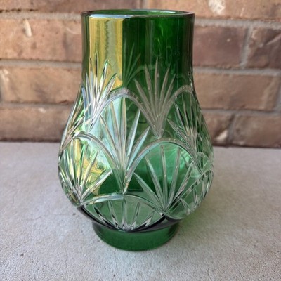 Emerald Green Crystal Cut Glass Shade For Lamp Green 7.5'' Tall Excellent Piece