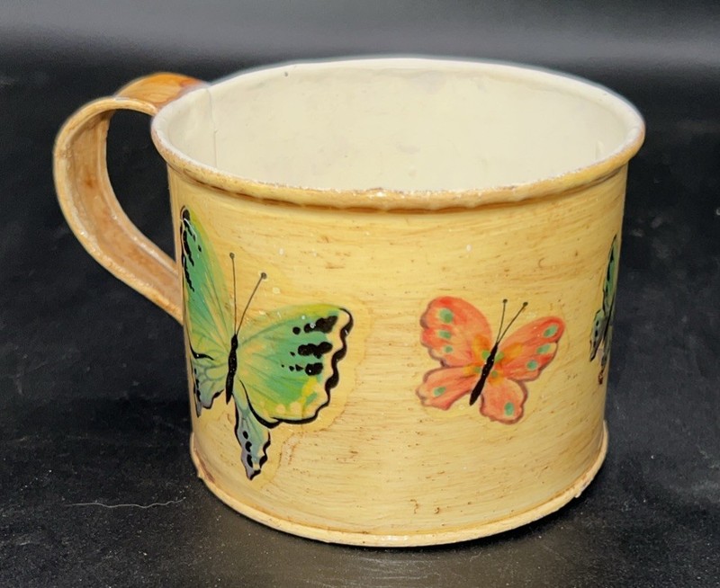 Vintage HAND-PAINTED Butterfly Motif  TIN CUP Signed Jackie