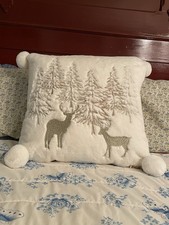 Plush Furry Reversible Accent Pillow Metallic Embroidery Deer PineTree Fawn Back