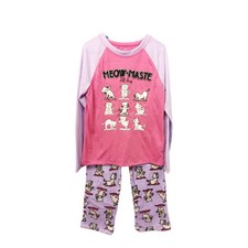 Wonder Nation Pajama Set Size 7/8 Girls Kitty Cat Yoga Purple Pink Long Sleeves
