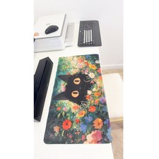 Black Cat in Colorful Flower Garden Large Mouse Pad Watercolor Art Desk Mat
