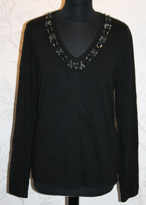 NWT/NEW GERRY WEBER Bejewelled Black Jumper Stretch-Knit V-Neck UK12/38 Crystals