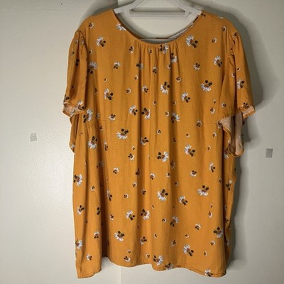 LOFT PLUS Size 22 Linen Viscose Golden Yellow Floral Flutter Sleeve Blouse Top