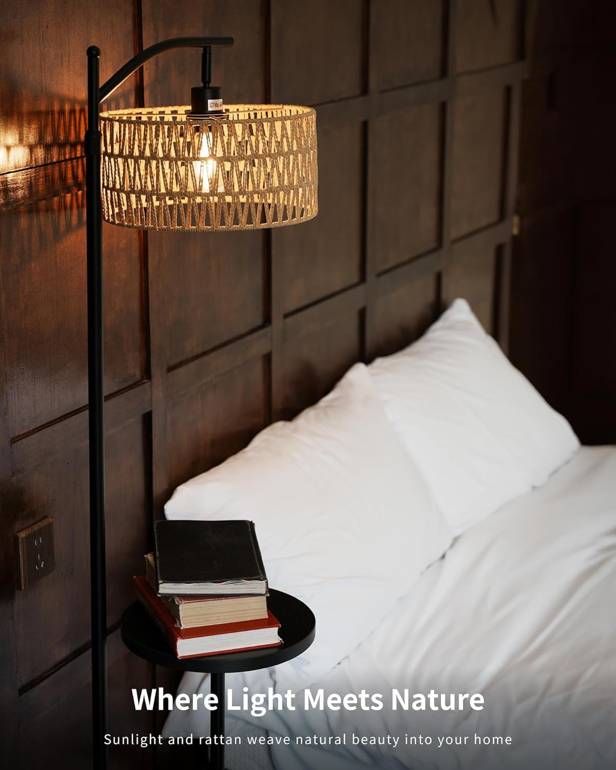 Lampada Da Terra Vintage in Rattan per Soggiorno – Piantana Nera Stile Retrò Con - 3