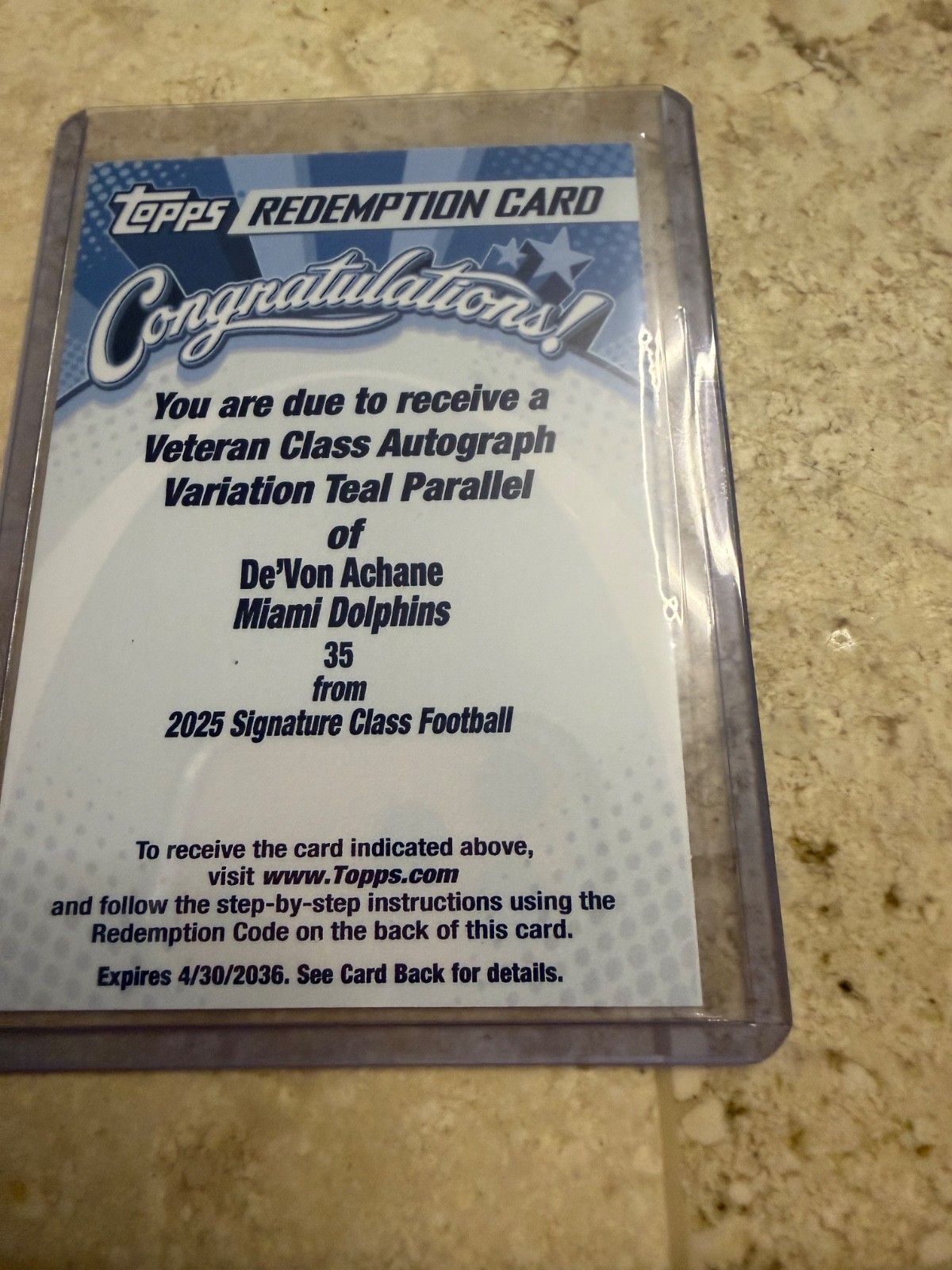 Devon Achane Topps Signature series Autograph redemption card teal
