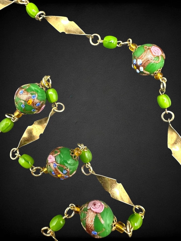 Vintage Green Wedding Cake Murano Style Art Glass 15mm Bead Brass Necklace 31” - Image 4 of 4