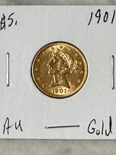 1901 LIBERTY HEAD GOLD $5.00 Gold Coin FREE SHIPPING! AU/BU