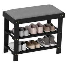  Bamboo Shoe Bench, 3-Tier Entryway Bench with 23.6" x 11.4" x 19.3" Black