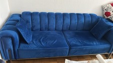 2 x Samt Sofa 3-Sitzer Blau modern Metallgest...