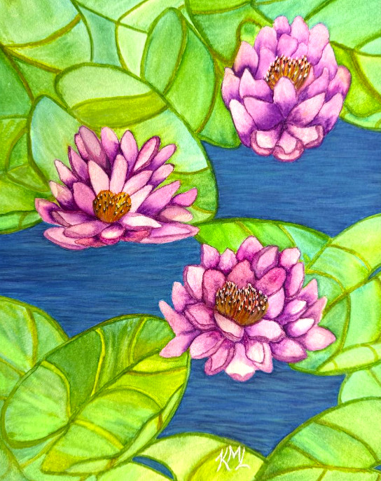 PAINTING WATERCOLOR WATER LILY FLOWERS PURPLE PINK LILY 11X14 & DOUBLE MAT 16X20