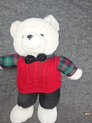 2014 Red Vested Plush White Stuffed Bear in Plaid Shirt, Bow Tie and Black Pants
