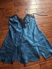 Vintage 90s Frederick s of Hollywood Dark Blue Turquoise Black Lace Slip Satin L