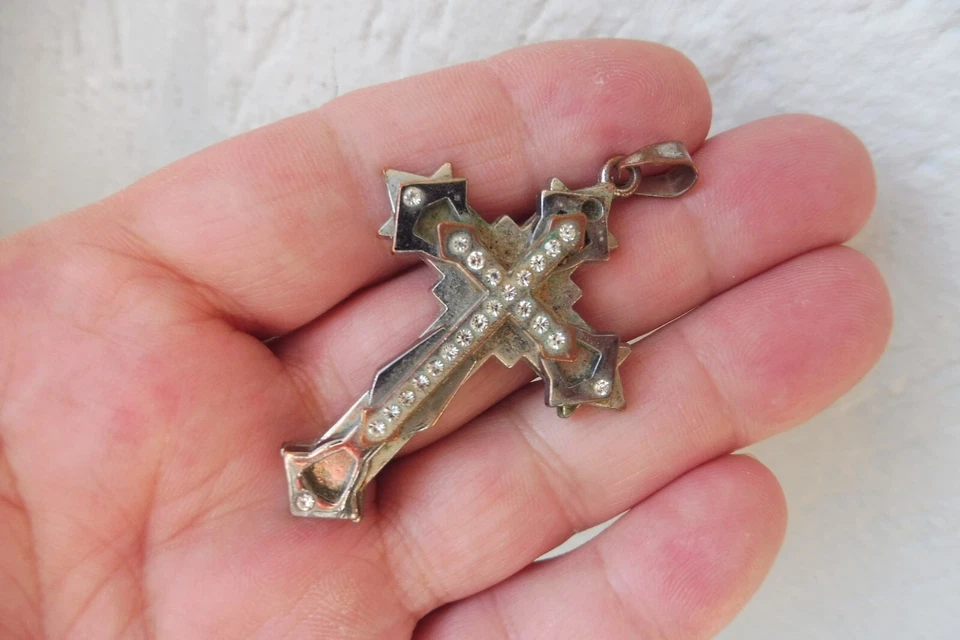 Schöner ,alter Anhänger , Kreuz , Kruzifix , Kupfer versilbert , mit Steinen - Bild 4 von 4