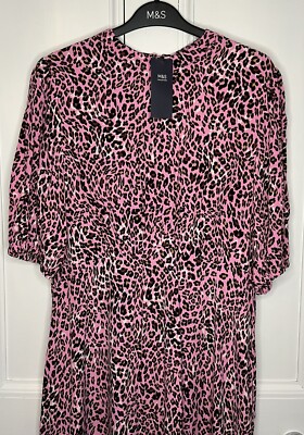 Marks and Spencer Animal Print High Neck Midi Tea Dress Size 16 Pink Mix  Bnwt UK