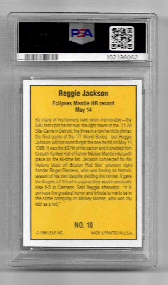 Tarjeta de béisbol 1986 Donruss Highlights 10 Hof Reggie Jackson PSA 10 Mickey Mantle Foto 4 de 4