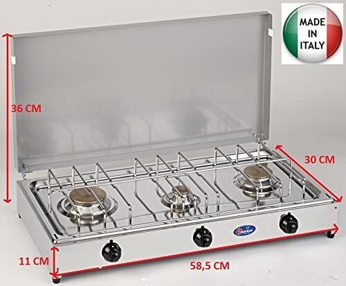 FORNELLO A GAS GPL 3 FUOCHI PIANO INOX TELAIO GRIGIO VALVOLATO A NORMA INTERNO - Foto 5 di 5