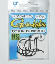 gamakatsu octopus hook barbless safe size 3/0  6 per pack 75413 NO barb