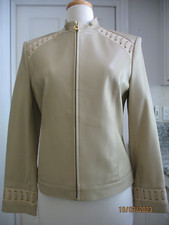 ST. JOHN SPORT TAN/BEIGE LAMB LEATHER JACKET WITH WHIPSTITCH TRIM - SIZE SMALL