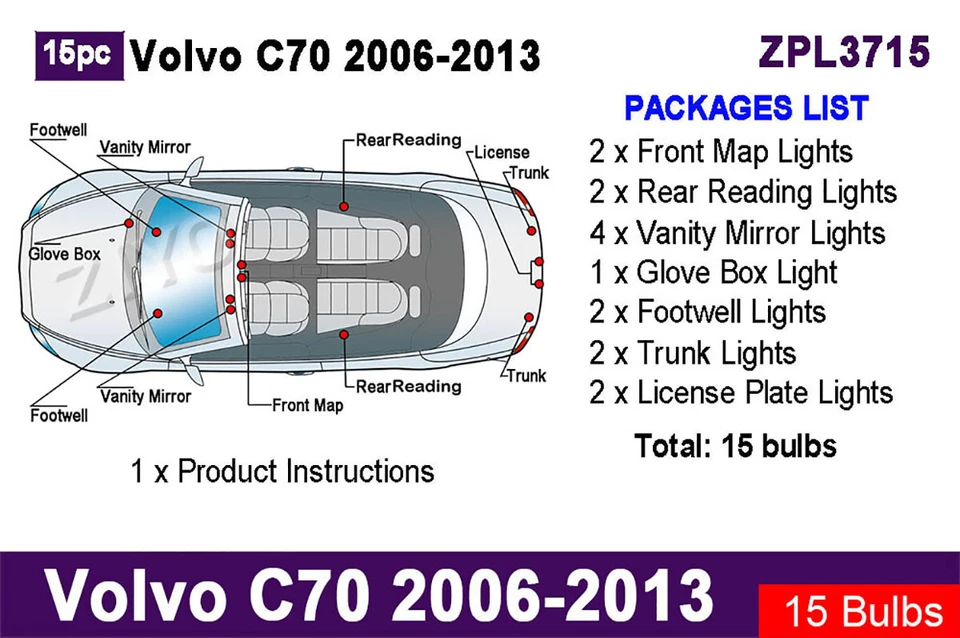 Kit de 15 bombillas blancas LED interiores actualización para Volvo C70 2006-2013 Foto 2 de 4