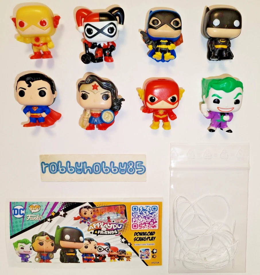 SERIE COMPLETA SUPEREROI DC FUNKO POP 8 PERSONAGGI + BPZ KINDER JOY ITALIA 2023
