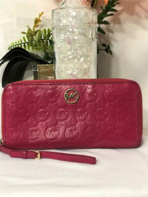 MICHAEL KORS Logo Embossed Pink Leather Zip Around Continental Wallet