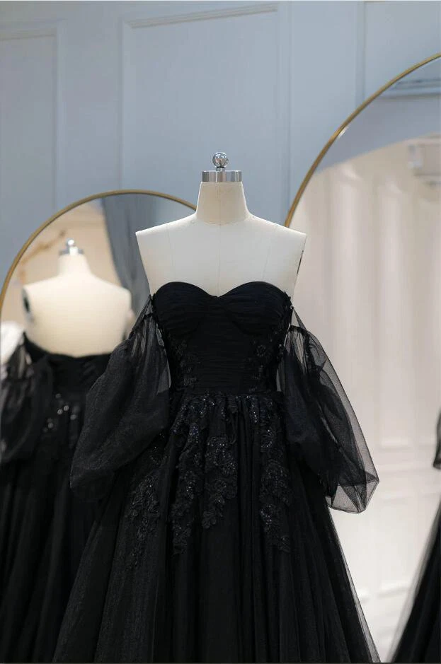 Vestidos de novia negros mangas abullonadas cuello halter gótico línea A núcleo vestidos de novia Foto 4 de 4